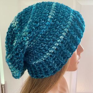 Crochet Slouchy Beanie Winter Hat Teal Stripe Boho Hippie Unique Handmade